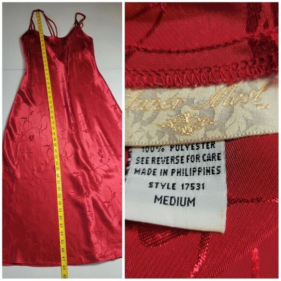 Inner Most Vintage Satin Jacquard Red Midi Slip Dress Nightgown - Picture 10 of 12